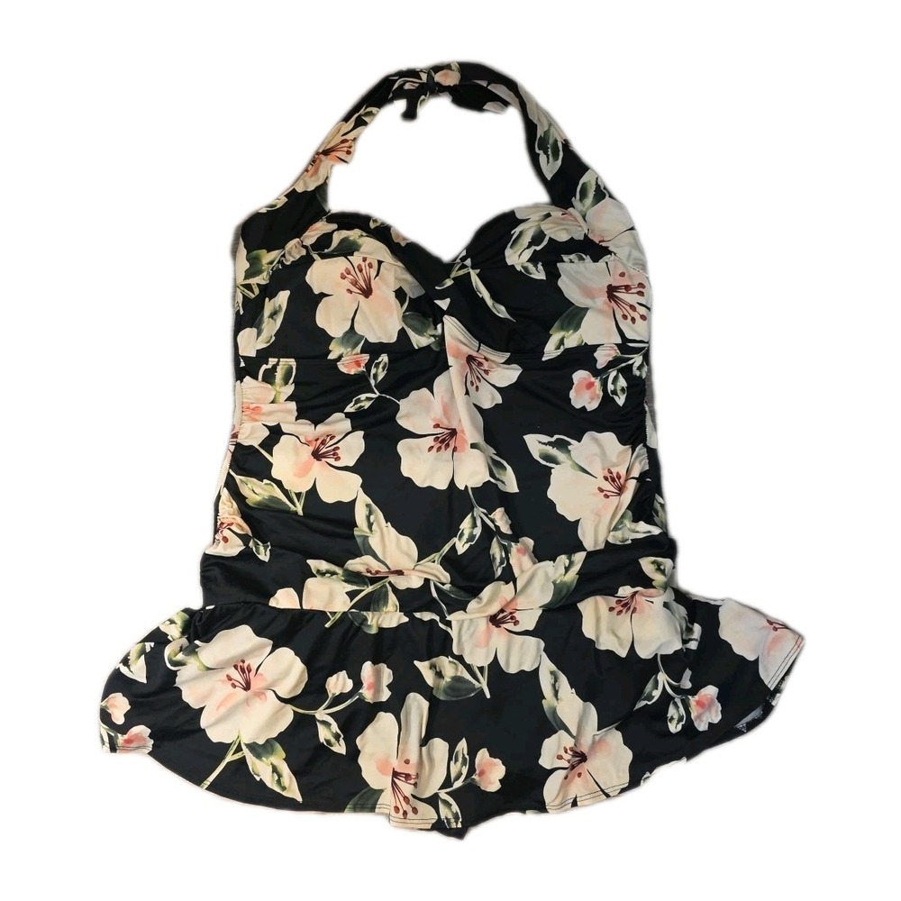 Women Plus Size 24 Black Floral Halter Dress‎ Skirt One Piece Swimsuit